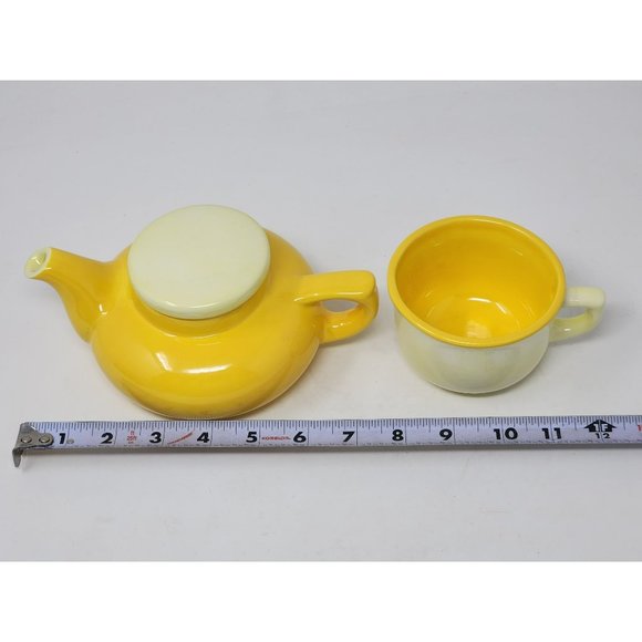 Vintage Yellow Ceramic Teapot W Lid & Coffee/Tea Cup Yellow/White Single Serve - Picture 16 of 16